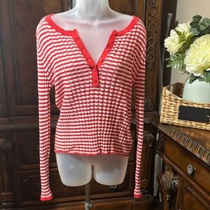 American Eagle Outfitters Red and White Striped Button-Front Long Sleeve Top